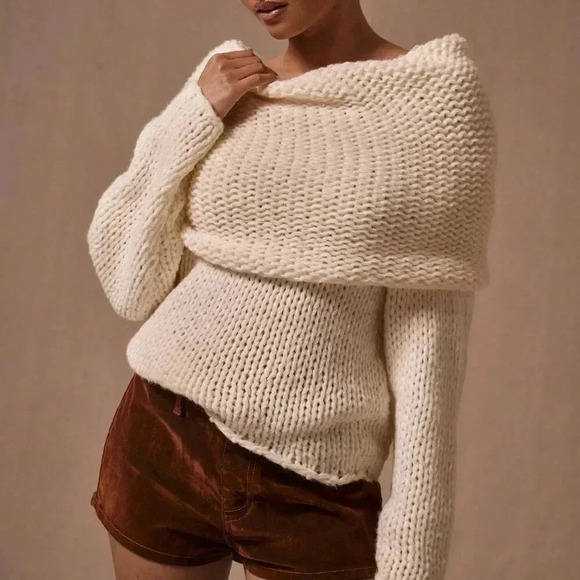 Sweaters - Cream Casual Women's Oversized Foldover Boat Neck Knit Jumper